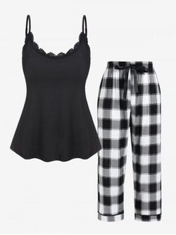 Plus Size Backless Colorblock Lace Trim Plaid Pajama Pants Set - BLACK - 4XL