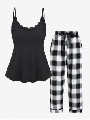 Plus Size Backless Colorblock Lace Trim Plaid Pajama Pants Set