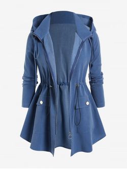 Manteau à Capuche Taille à Cordon en Couleur Unie de Grande Taille avec Poche à Rabat - DEEP BLUE - 4X | US 26-28