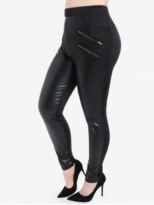 Plus Size Pockets Zipped Faux Leather Panel Skinny Leggings