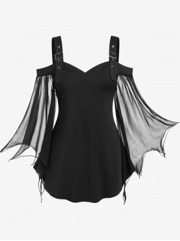 Witch Halloween Costume Cold Shoulder Buckle Straps Mesh Bell Sleeve Top - BLACK - 1X | US 14-16
