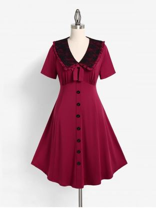 Plus Size Peter Pan Collar Bowknot Contrast Lace Midi Dress