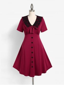 Plus Size Peter Pan Collar Bowknot Contrast Lace Midi Dress - DEEP RED - 4X | US 26-28