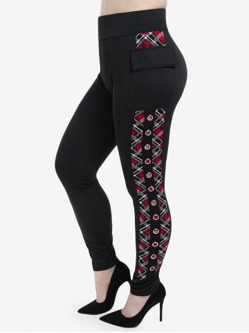 Plus Size High Waist Flap Pockets Plaid Grommets Pants - BLACK - 1X | US 14-16