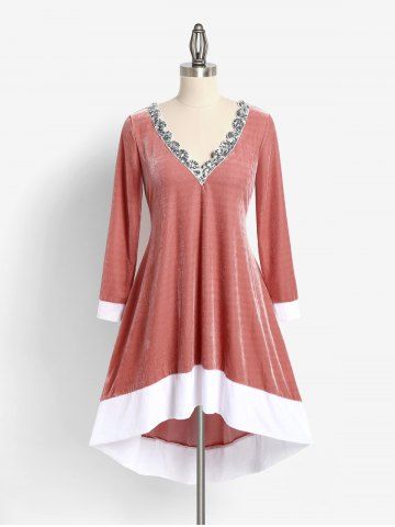 Plus Size Velvet High Low Sequins Dress - RED - L