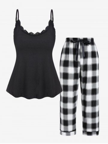 Conjunto de Pijama a Cuadros de Talla Extra Encaje de Espalda Abierta - BLACK - 3XL
