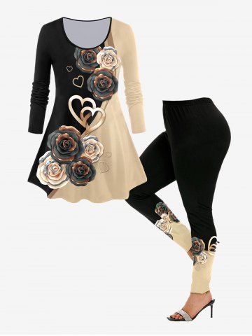 Rose Heart 3D Print Colorblock T-shirt and Leggings Plus Size Outfit - LIGHT COFFEE
