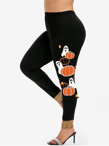 Halloween Pumpkin Ghost Printed Skinny Leggings - BLACK - 5X | US 30-32