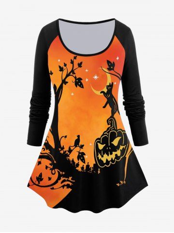 T-shirt D'Halloween à Imprimé Citrouille et Chat à Manches Raglan - ORANGE - L | US 12