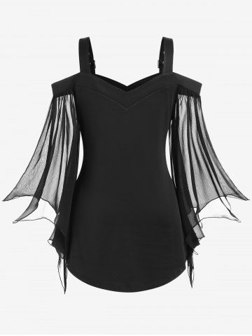 Plus Size Cold Shoulder Buckle Straps Mesh Bell Sleeve Top