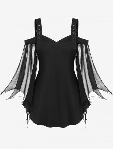 Plus Size Cold Shoulder Buckle Straps Mesh Bell Sleeve Top