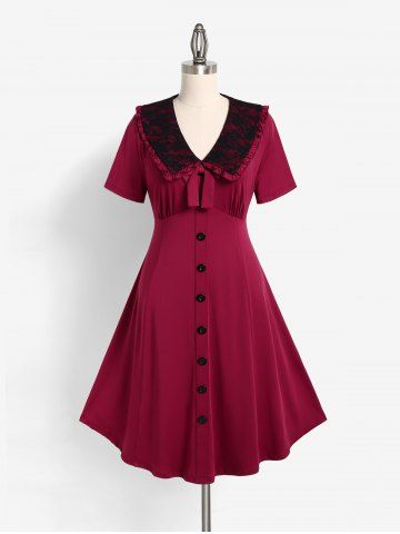 Plus Size Peter Pan Collar Bowknot Contrast Lace Midi Dress - DEEP RED - 2X | US 18-20