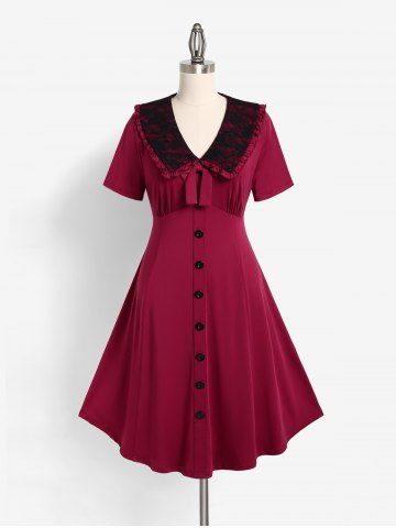 Plus Size Peter Pan Collar Bowknot Contrast Lace Midi Dress