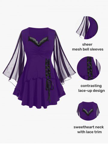 Plus Size Sheer Mesh Flare Sleeves Lace Up Ruched T Shirt