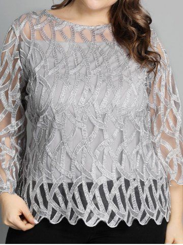 Plus Size Embroidery Pattern Sheer Scalloped Casual Blouse - LIGHT GRAY - 4XL