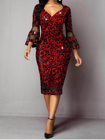 Printed Sheer Lace Panel Flare Sleeve Plunging Neck Midi Bodycon Dress - DEEP RED - M