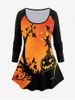 Halloween Pumpkin Cat Printed Raglan Sleeves Tee -  