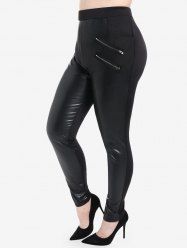Plus Size Pockets Zipped Faux Leather Panel Skinny Leggings -  
