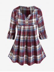 Plus Size Roll Up Sleeve Plaid Popover Blouse -  