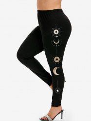 Legging Moulant à Imprimé Lune et Soleil à Taille Haute de Grande Taille - Noir 4X | US 26-28