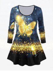 Plus Size Long Sleeve Glitter Butterfly Print T-shirt -  