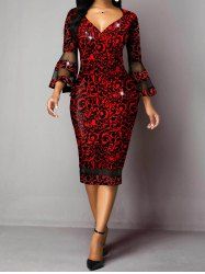 Printed Sheer Lace Panel Flare Sleeve Plunging Neck Midi Bodycon Dress -  