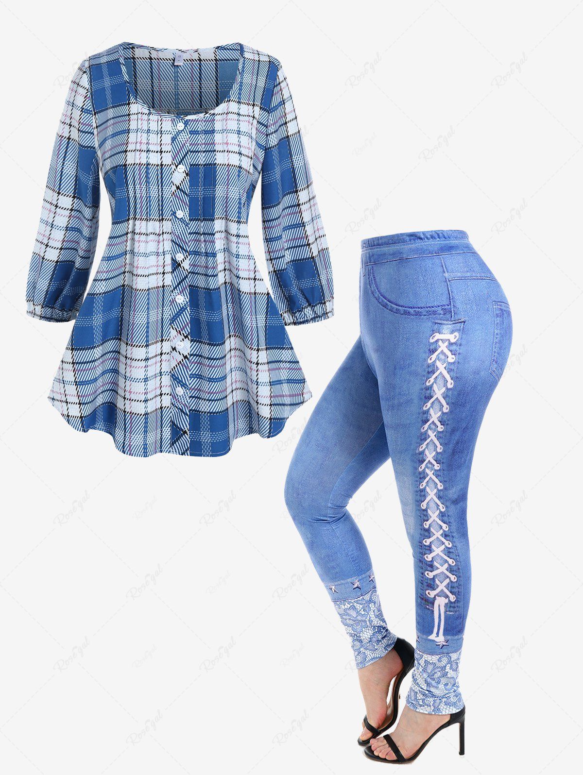 Cheap Mock Button Plaid Blouse and 3D Denim Print Skinny Jeggings Plus Size Outfit  