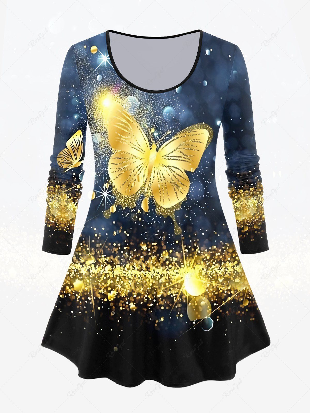 Outfits Plus Size Long Sleeve Glitter Butterfly Print T-shirt  