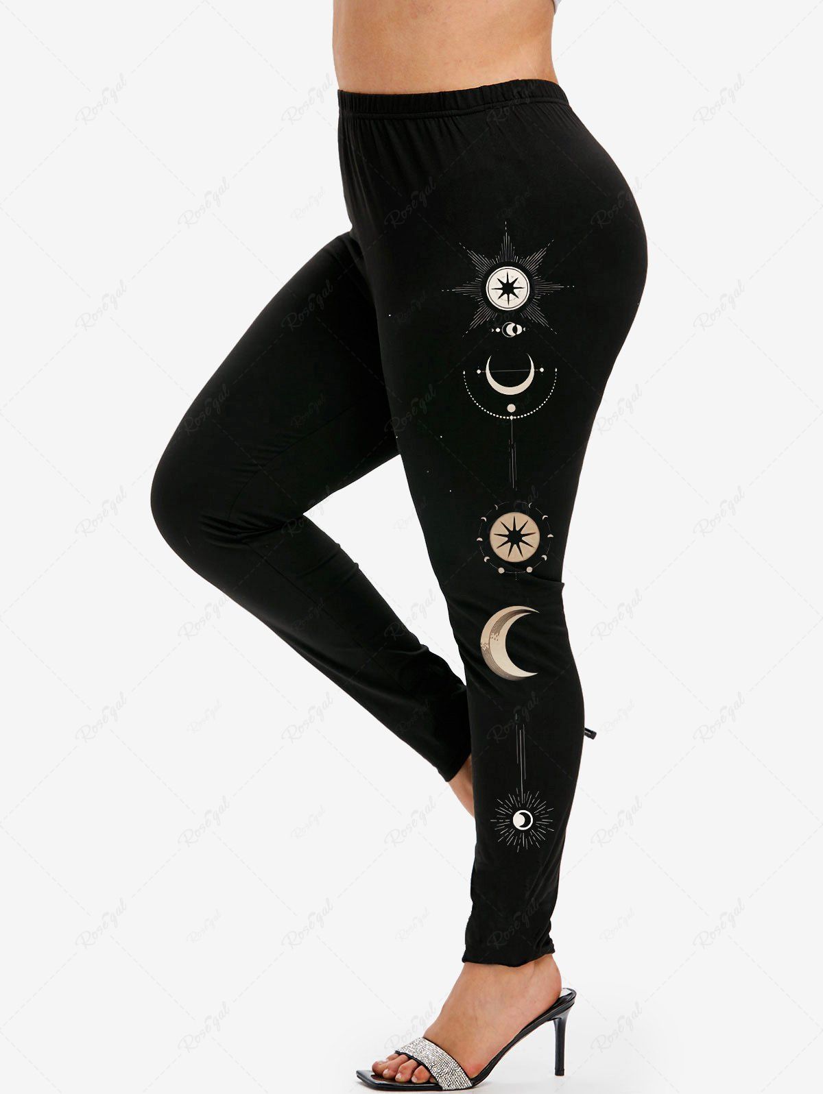 Legging Moulant à Imprimé Lune et Soleil à Taille Haute de Grande Taille Noir 2X | US 18-20