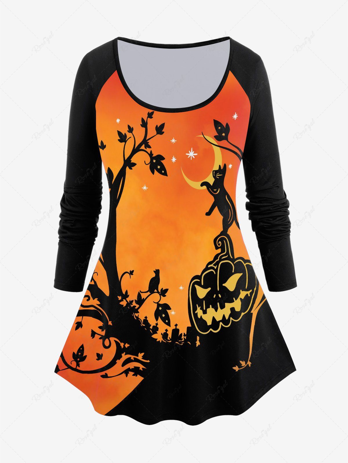 T-shirt D'Halloween à Imprimé Citrouille et Chat à Manches Raglan Orange 5x | US 30-32