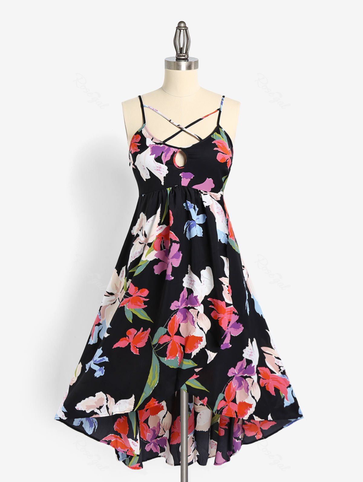 Sale Plus Size Flower Print Keyhole Criss Cross Tulip Dress  