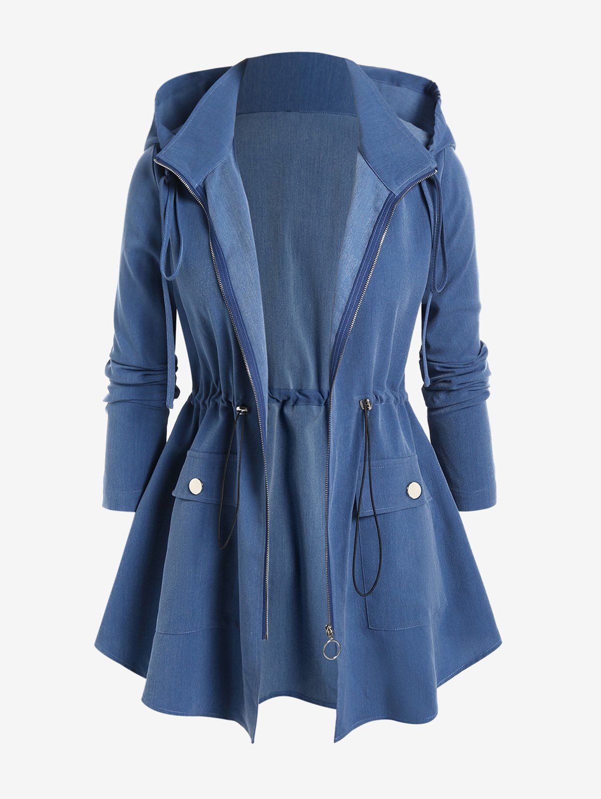 Affordable Plus Size Hooded Drawstring Waisted Flap Pocket Solid Coat  