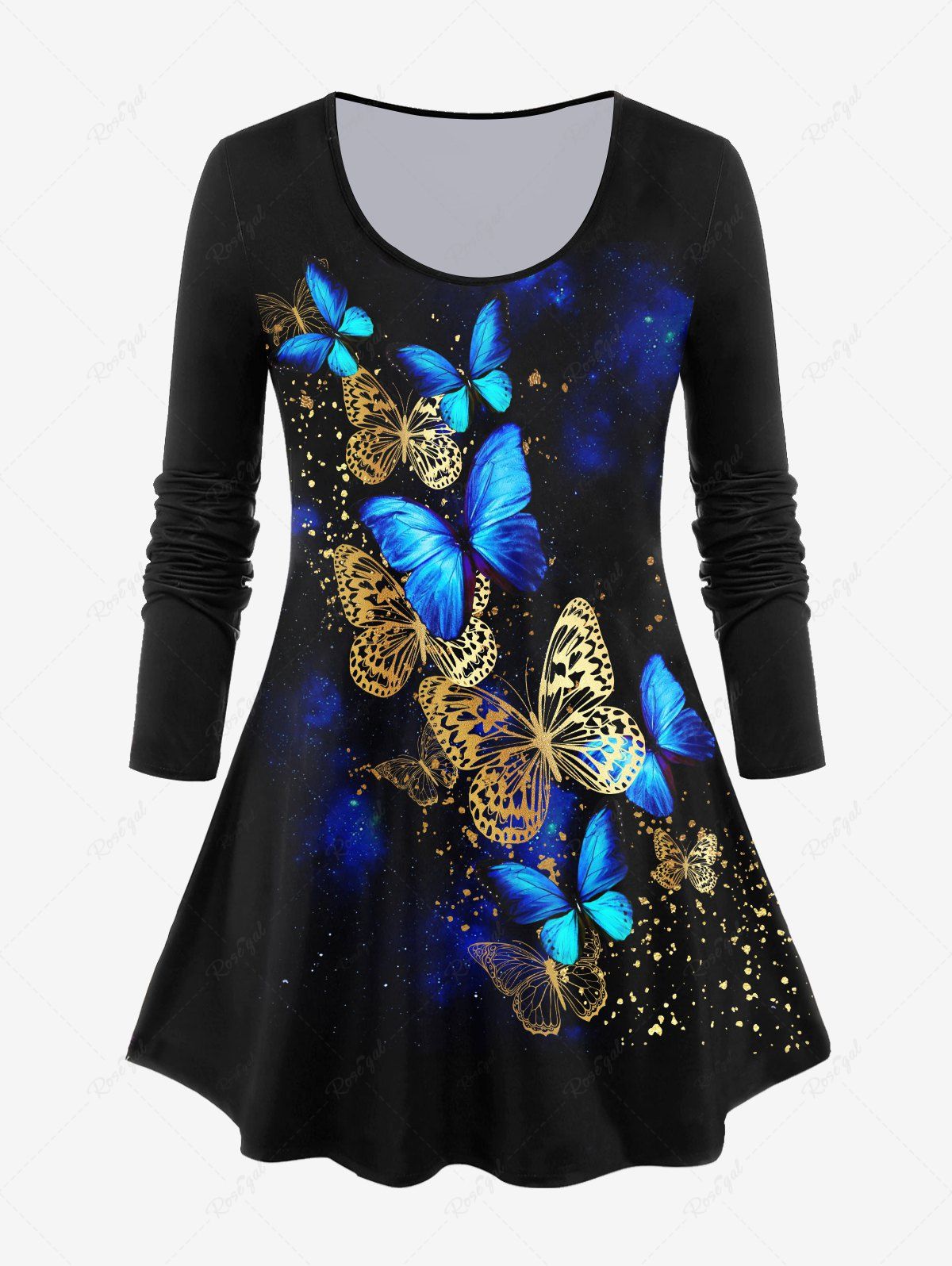 T-shirt à Imprimé Galaxie et Papillon à Manches Longues Grande Taille Noir 5x | US 30-32