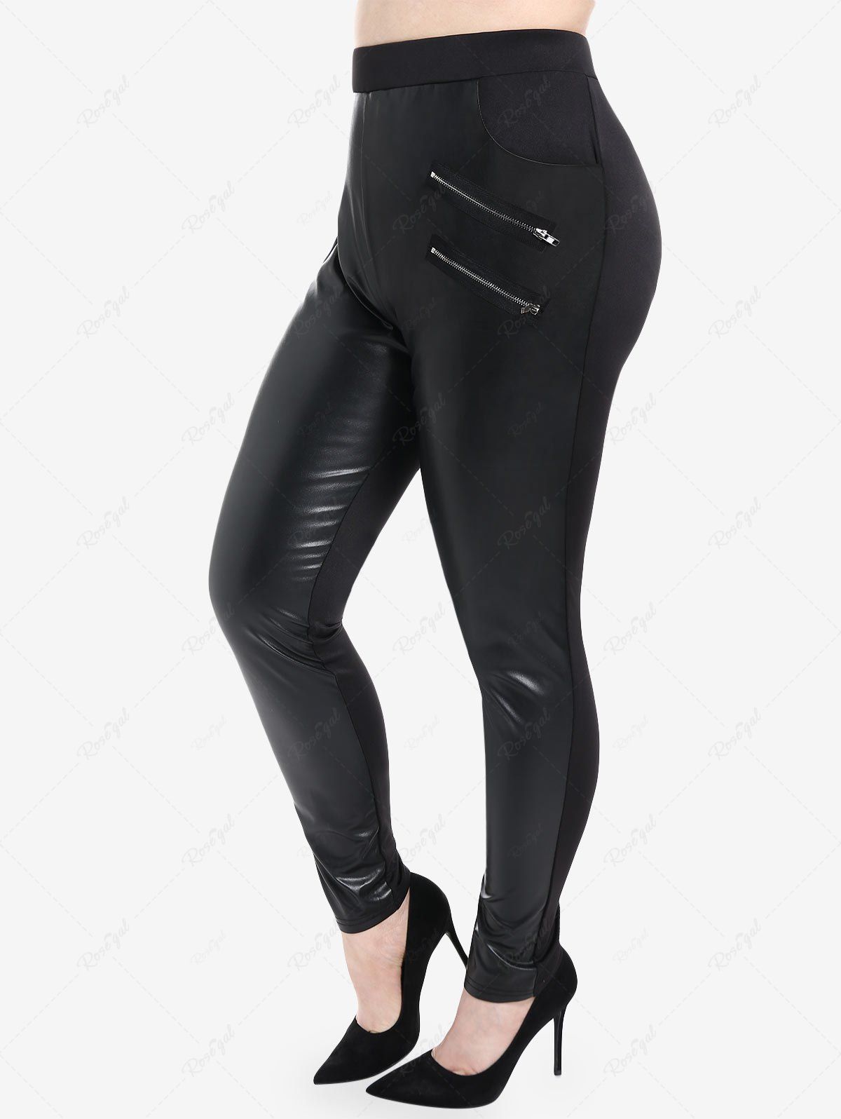 Chic Plus Size Pockets Zipped Faux Leather Panel Skinny Leggings  