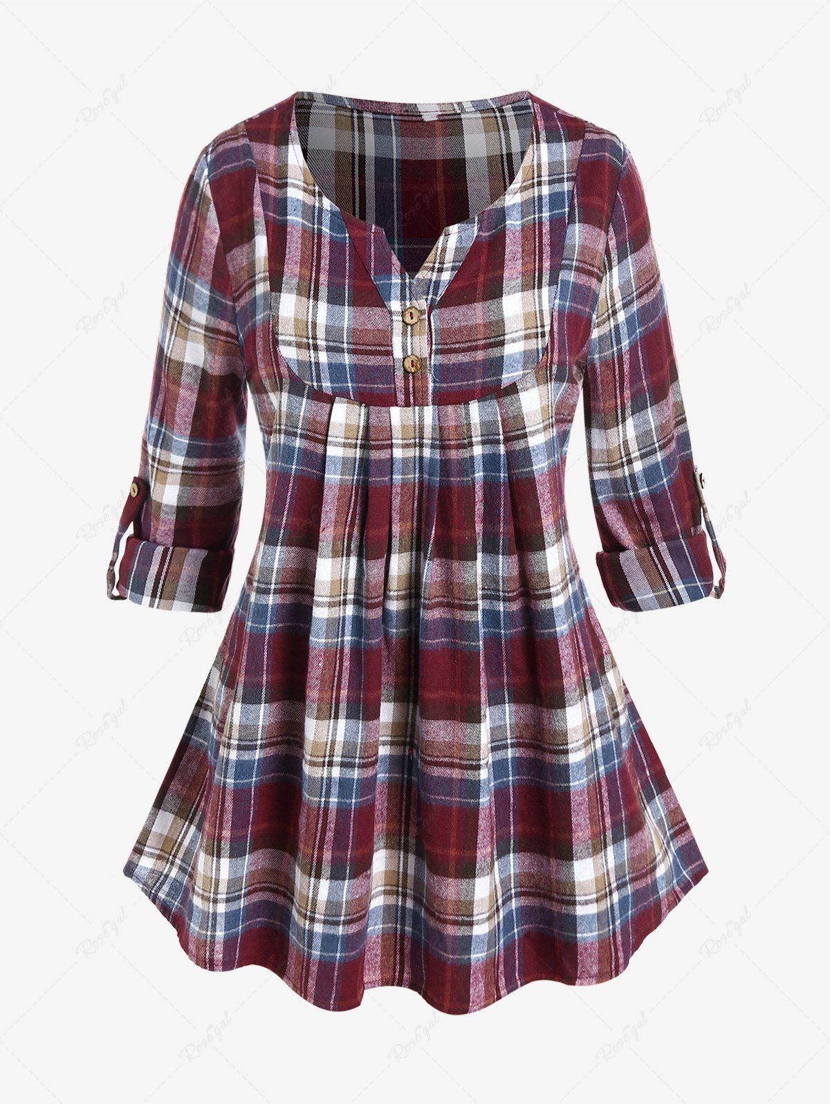 Buy Plus Size Roll Up Sleeve Plaid Popover Blouse  