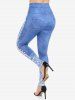 Mock Button Plaid Blouse and 3D Denim Print Skinny Jeggings Plus Size Outfit -  
