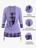 T-shirt Drapé à Carreaux à Col Bénitier Grande Taille à Volants - Pourpre 1X | US 14-16