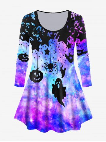 Halloween Pumpkin Ghost Print Galaxy T-shirt - PURPLE - 2X | US 18-20