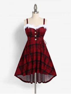 Más el tamaño de la tela escocesa con cordones de piel falsa insertar una línea vestido - LAVA RED - 1X