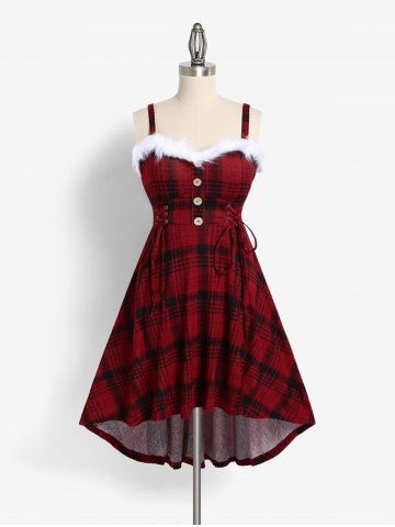 Más el tamaño de la tela escocesa con cordones de piel falsa insertar una línea vestido - LAVA RED - L