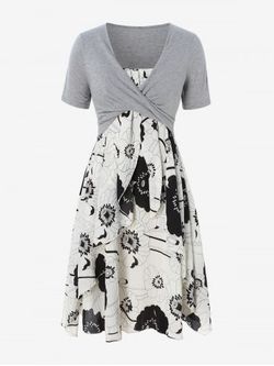 Plus Size Print Layered Midi Dress With Criss Cross Crop Top - GRAY - L