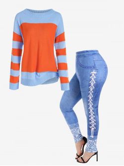 Bicolor Two Tone Drop Shoulder Sweater and 3D Denim Print Skinny Jeggings Plus Size Outfit - DARK ORANGE