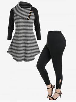 Striped Raglan Sleeve Turndown Collar Tunic Sweater and High Rise Cutout Twist Leggings Plus Size Outfit - BLACK
