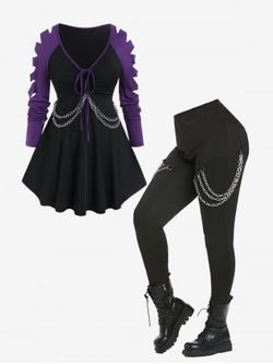 Gothic Ladder Cutout Cinched Chains Tee and Skinny Pull On Pants Outfit - PURPLE