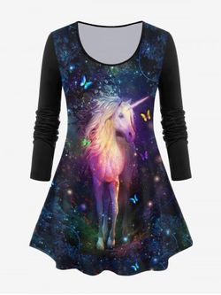 Plus Size Long Sleeve Forest Horse Print T-shirt - BLACK - 3X | US 22-24