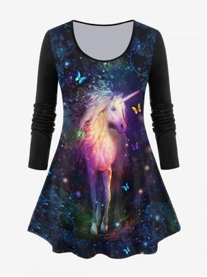 Plus Size Long Sleeve Forest Horse Print T-shirt