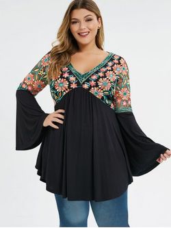 Plus Size V Neck Bell Sleeve Embroidery T-shirt - BLACK - M | US 10