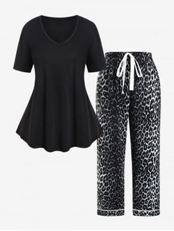 Plus Size Solid V Neck Tee and Leopard Print Pants Pajamas Set - BLACK - 2XL