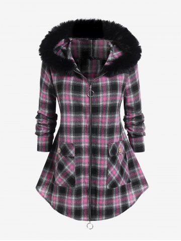 Plus Size Faux Fur Hood Pockets Front Zipper Plaid Shacket - LIGHT PINK - L | US 12