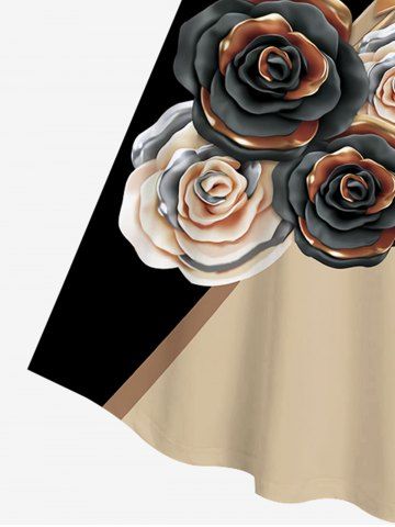 Plus Size Rose Print Colorblock T-shirt Dress